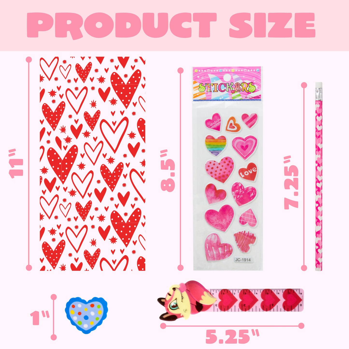28 Pack Valentines Day Stationery Set Assorted for Kids, with Pencils Sticker Eraser and Rulers, and Holiday Reward Prizes Classroom School Exchange Gift