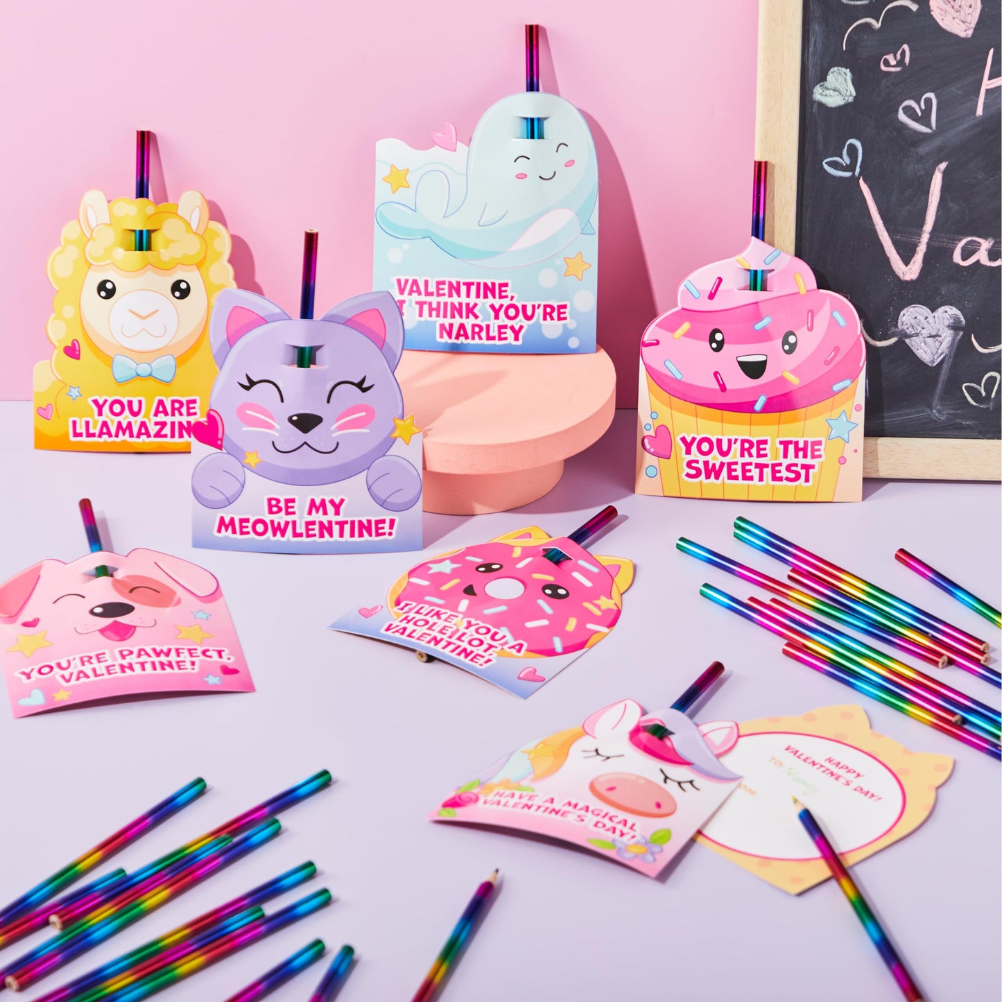 28 Packs Valentines Rainbow Pencil with Cards for Kids Party Favors, Classroom Prize Supplies, Valentines Greeting Cards including Colorful Pencils
