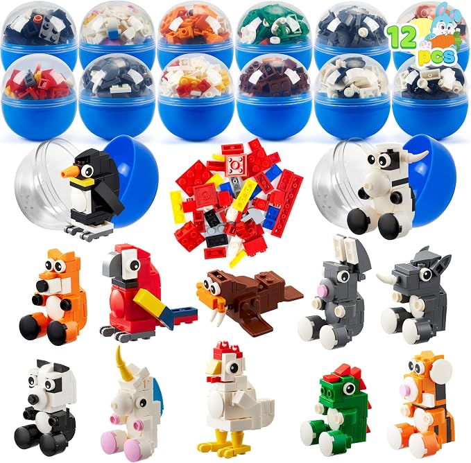 Joyfy 12 Pcs Easter Eggs Hunt Prefilled with Adorable Animal Building Blocks for Easter Party Favors, Easter Basket Stuffers, Classroom Prize Supplies
