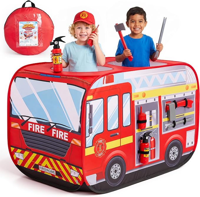 Joyfy Fire Truck Pop-Up Play Tent for Kids Ages 3+ – Instant Setup Playhouse with 5 Interactive Firefighter Accessories, Foldable Indoor/Outdoor Firetruck Toy Gift for Boys & Girls