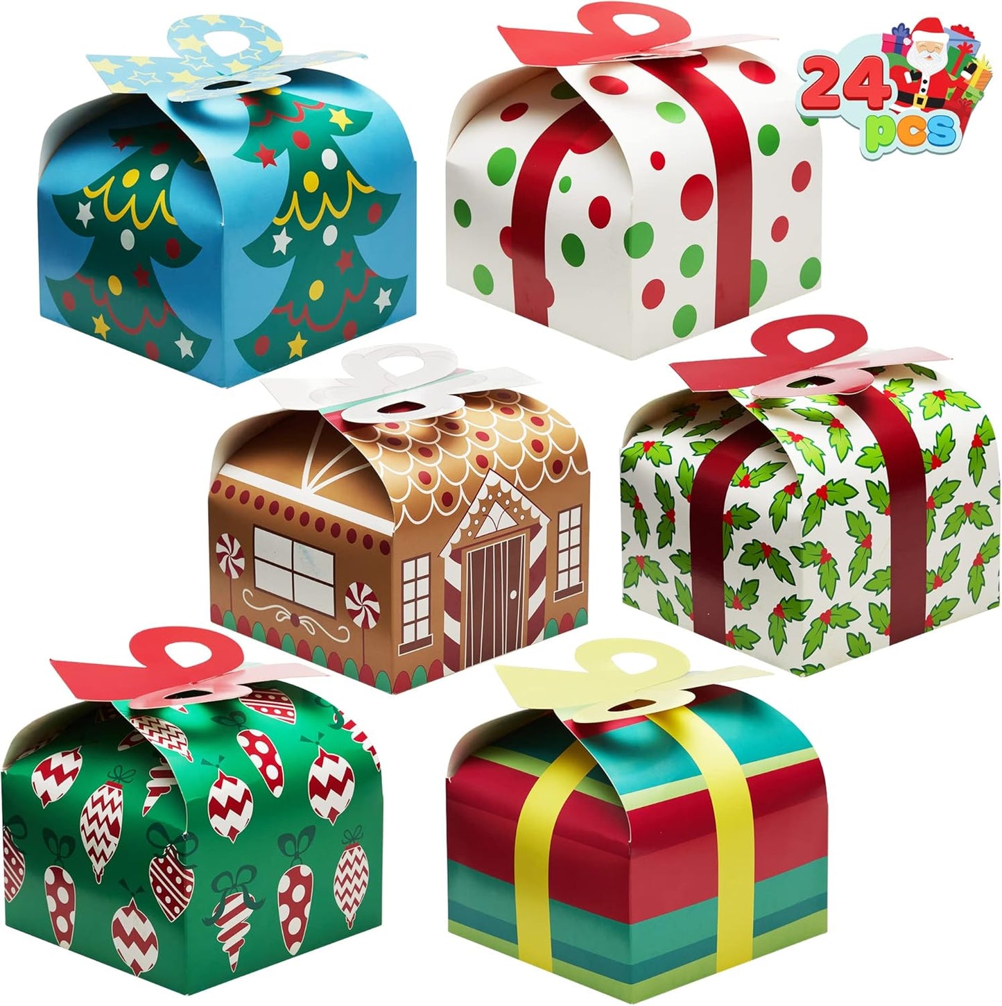 24 PCS 3D Christmas Goody Gift Boxes with Bow for Holiday Xmas Goodie Paper Boxes, School Classroom Party Favor Supplies, Candy Treat Cardboard Cookie Boxes