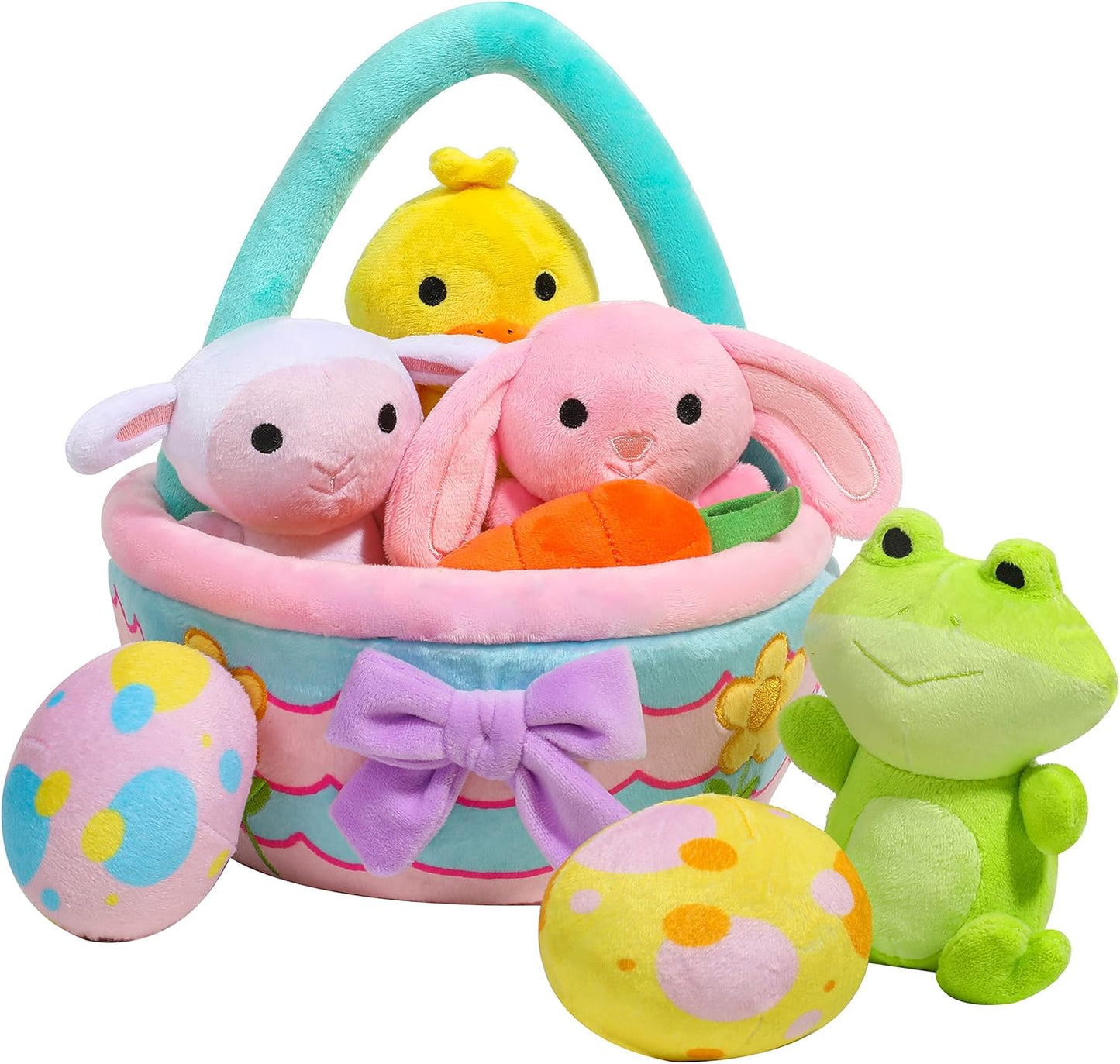 Joyfy 8 Pcs Premade Easter Basket with Easter Plushes for Baby Kids Girls, Easter Basket Stuffers Plushies Playset, Easter Gifts Set, Easter Toys Easter Party Favors, Easter Decor