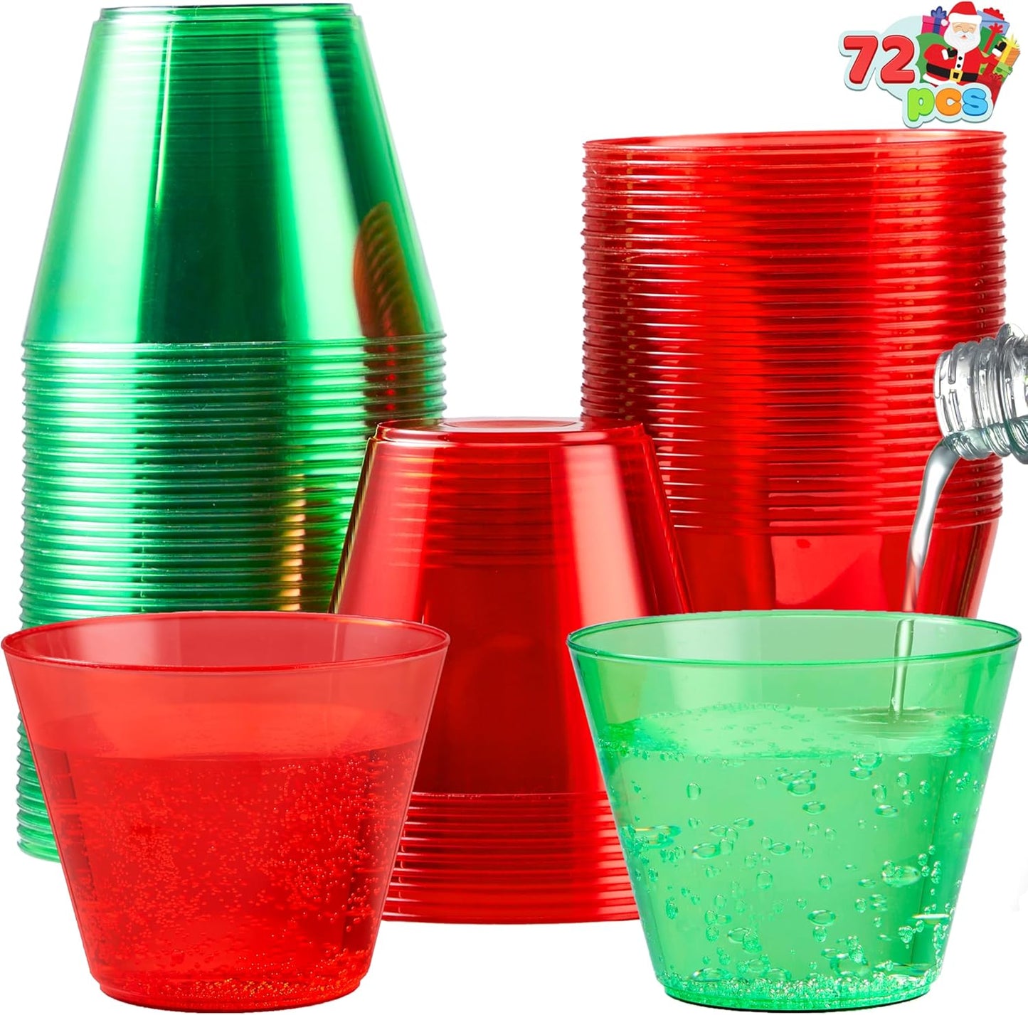 72 PCS Disposable Plastic Drinking Cups, 9 OZ Christmas Clear Plastic Party Cups, Xmas Plastic Wine Glasses for Party Supplies, Red Cups, Green Cups, Birthday, BBQ, Camping, Family Reunion