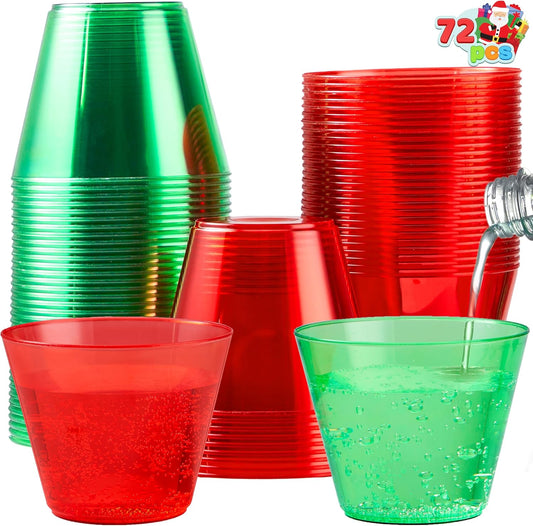 72 PCS Disposable Plastic Drinking Cups, 9 OZ Christmas Clear Plastic Party Cups, Xmas Plastic Wine Glasses for Party Supplies, Red Cups, Green Cups, Birthday, BBQ, Camping, Family Reunion