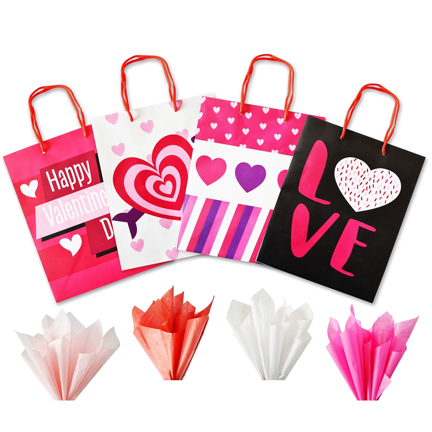 8 Pcs Valentines Day Gift Bags with Filling Paper in 4 Designs for Kids Party Favor Supplies Paper Wrapping Kraft Bags with Colorful Heart shaped Design