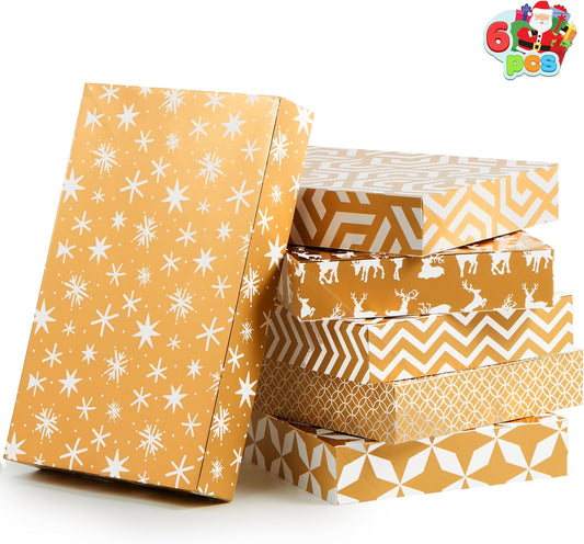 6 Pcs Christmas Boxes, Foil Golden Patterned Shirt Wrap Boxes 17" x 11" x 2.5" with Lid and Base, Clothes, Wrapping Robe Boxes, Shirt Gift Boxes for Xmas, Birthdays, Wedding, 6 Designs