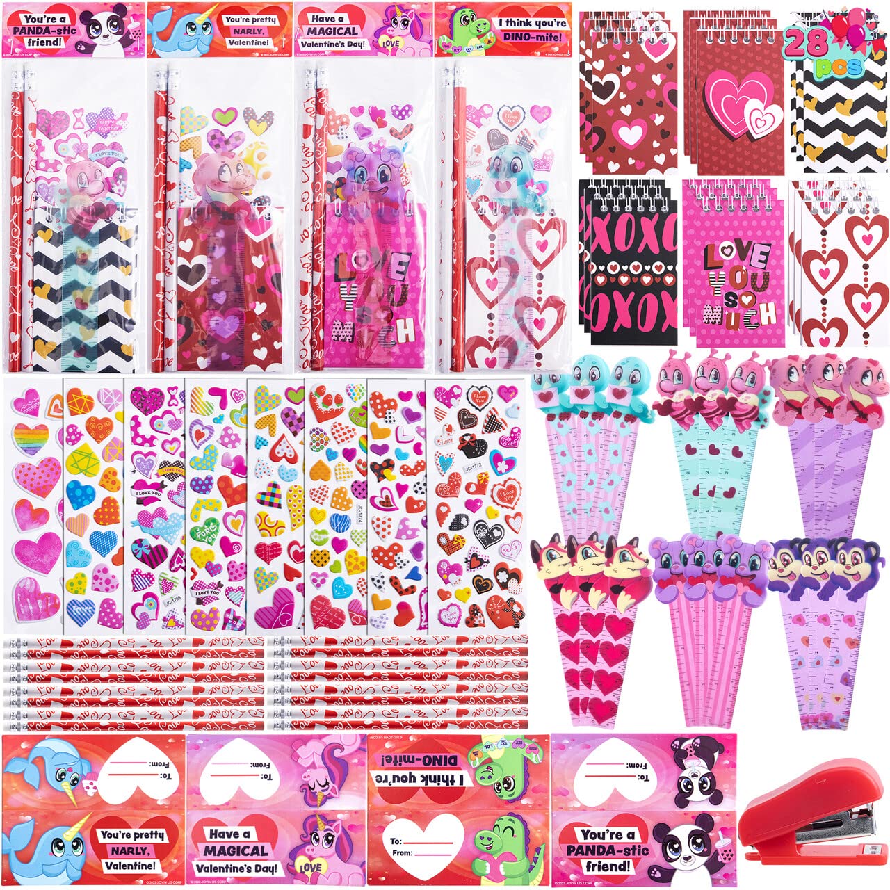 28 Packs Valentine's Day Stationery Set with Gift Card for Kids, Includes Pencils, Rulers, Notebook and Stickers for Valentine's Classroom Exchange Party Favors Supplies
