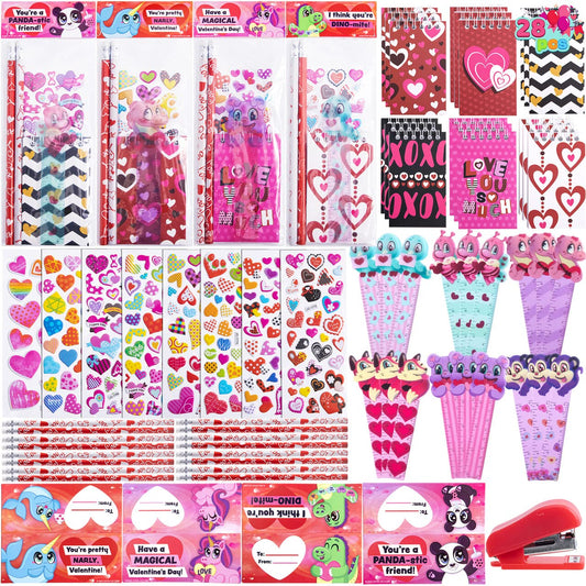 28 Packs Valentine's Day Stationery Set with Gift Card for Kids, Includes Pencils, Rulers, Notebook and Stickers for Valentine's Classroom Exchange Party Favors Supplies