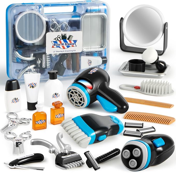Joyfy Barber Shop Pretend Role Play Toy, 23 Pcs Kids Shaving Kit for Boys, Haircut Kit for Boys 3+ Year Old Birthday Gift, Upgraded Kids Role Play Set with Storage Box