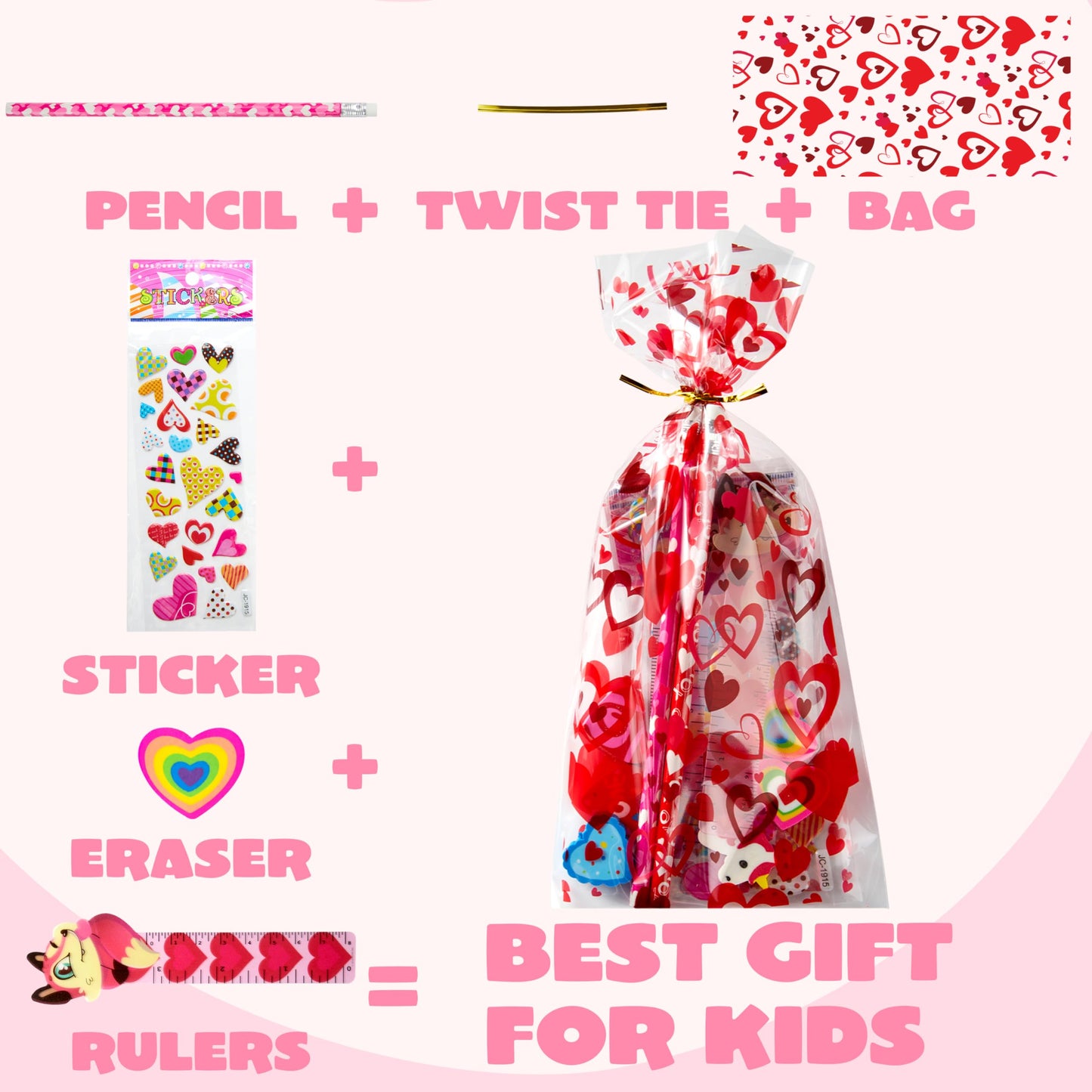 28 Pack Valentines Day Stationery Set Assorted for Kids, with Pencils Sticker Eraser and Rulers, and Holiday Reward Prizes Classroom School Exchange Gift