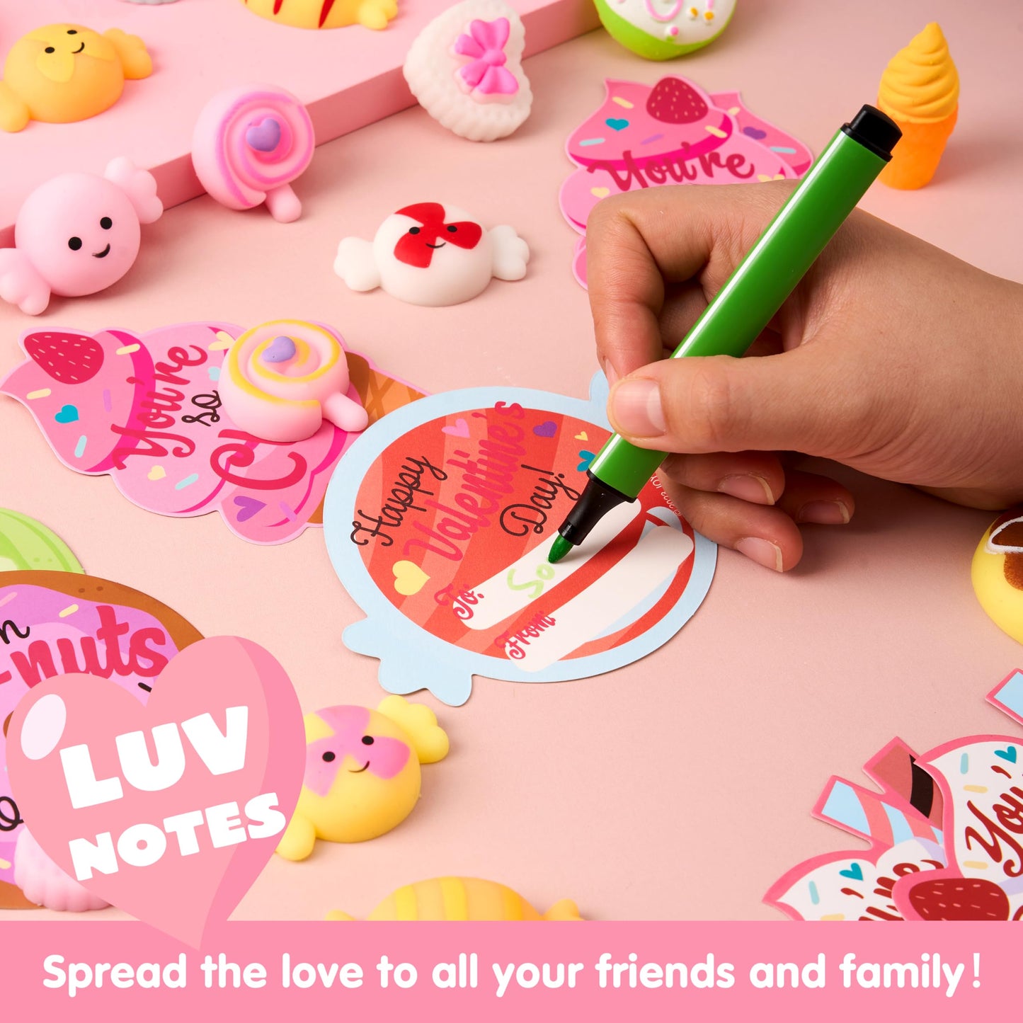 28 Packs Valentine’s Day Gift Cards with Candy Mochi Squishy Toys, Stress Relief Fidget Toys, Cute Squeeze Toys for Kids Valentine's Party Favors, Classroom Gift Exchange and School Reward