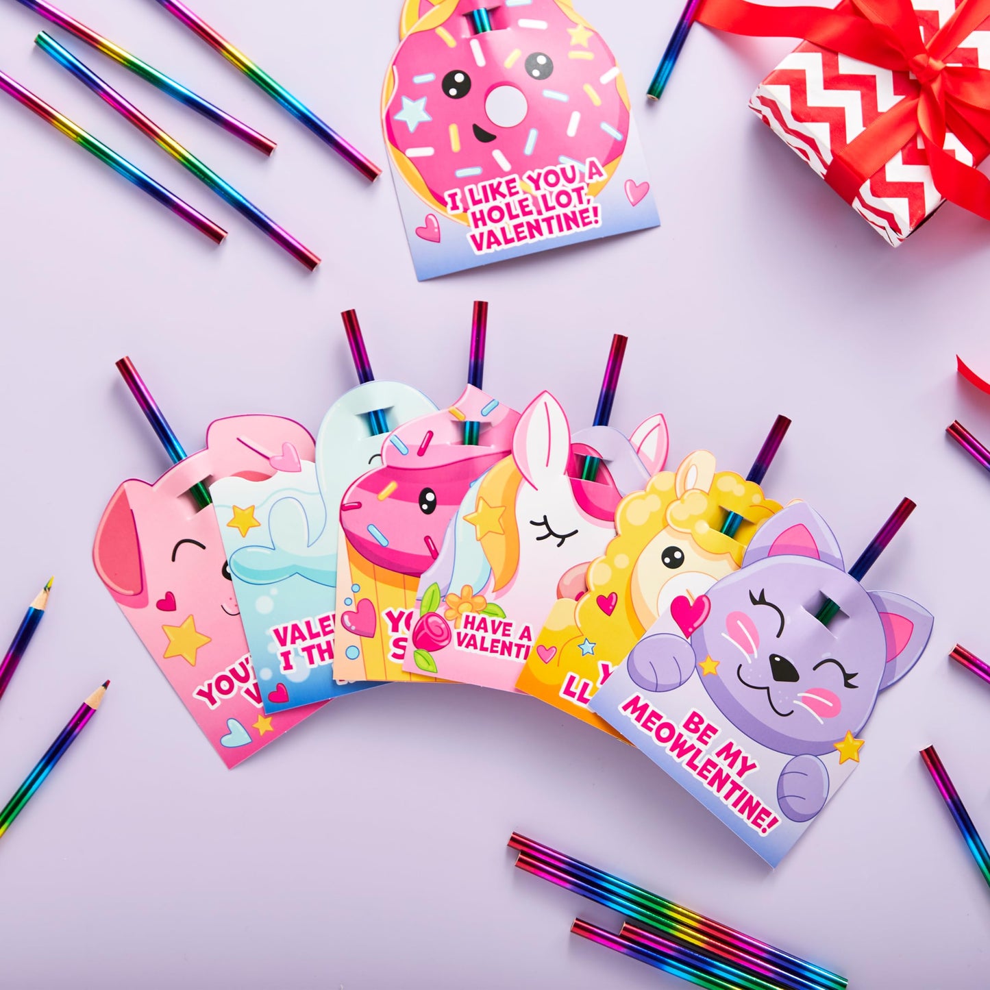 28 Packs Valentines Rainbow Pencil with Cards for Kids Party Favors, Classroom Prize Supplies, Valentines Greeting Cards including Colorful Pencils