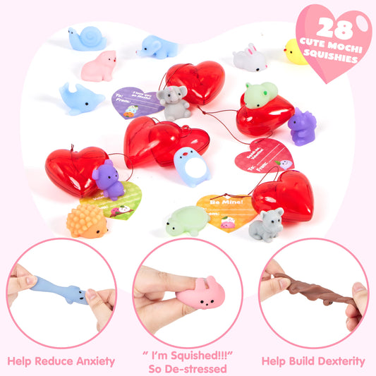 28 Mochi squishy toys Filled Hearts and Valentine Cards for Kids Valentine Classroom Exchange Party Favors, Kawaii Stress Relief Toys for Valentine Gift Exchange, Game Prizes and Carnivals Gift