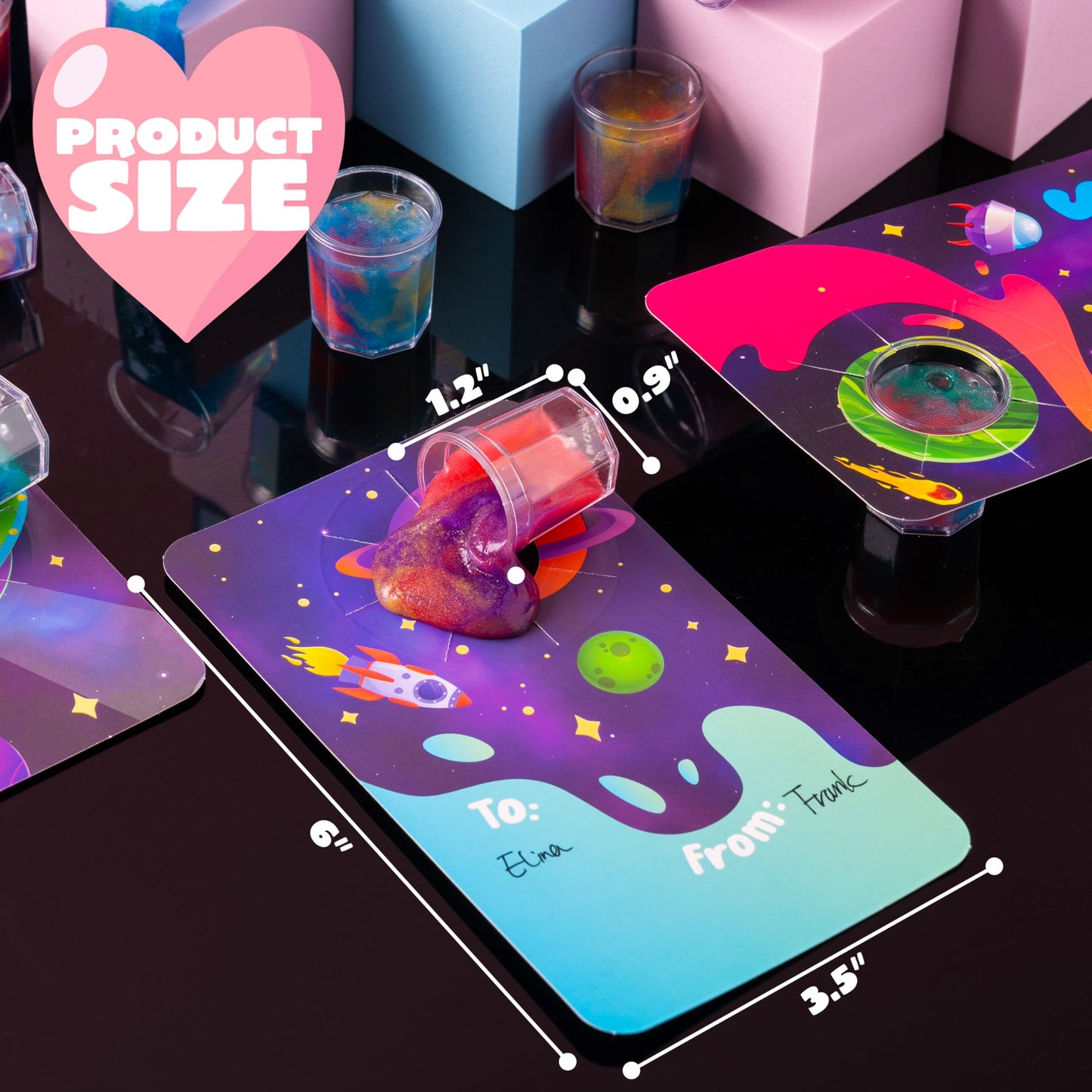 30 Pack Valentines Day Gift Cards with Galaxy Slime Stress Relief Fidget Toy for Kids Party Favor, Classroom Exchange Prizes,Valentine Exchange Gifts, Valentine’s Greeting Cards