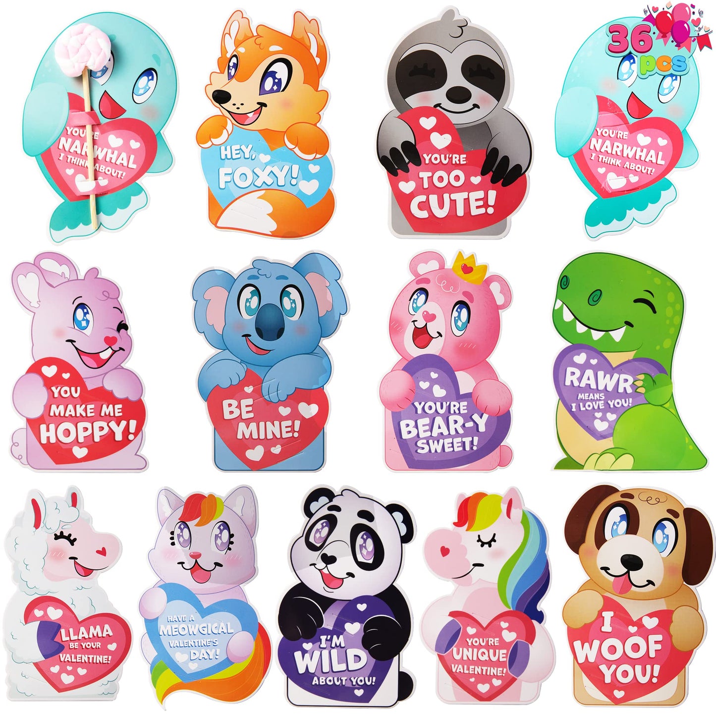 36 Pcs Valentines Day Gifts Cards with Animal Designs,Valentine’s Greeting Cards Candy Holder Cards for Kids, Valentine Classroom Exchange Cards Party Favors (Animal 2)