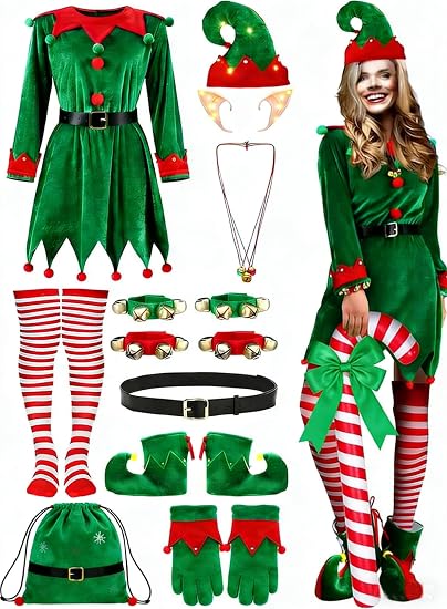 Joyfy Giggling Getup Christmas Elf Costume Set Women with Accessories for Party