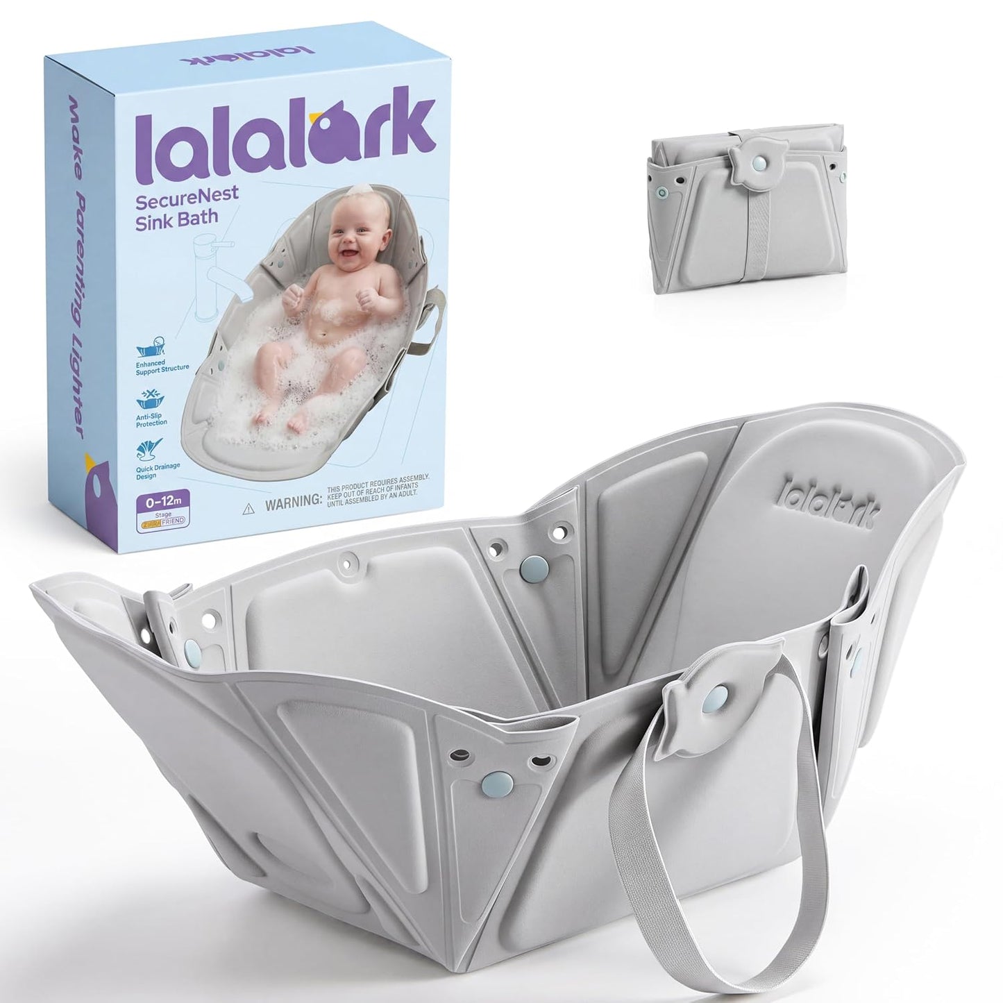 Lalalark Foldable Infant Sink Bather for Sink, Non-Slip Baby Sink Bath Support with 4-Hole Quick Drain, Slim Fold Design, Portable Sink Bather for Baby, Infant Bath for 0–6 Months
