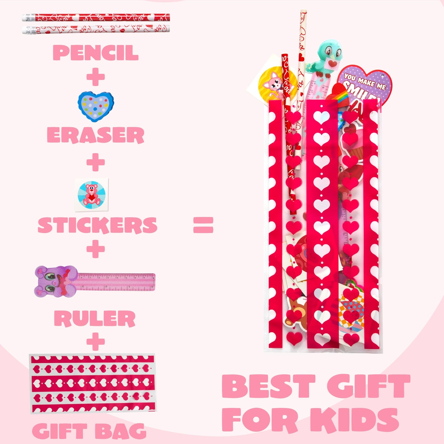 28 Pack Valentines Day Stationery Gifts for Kids Goody Bags with Stationery Gift Set for School Classmates Exchange Gift, Valentine Party Favor, Includes Pencils, Erasers, Rulers, Stickers