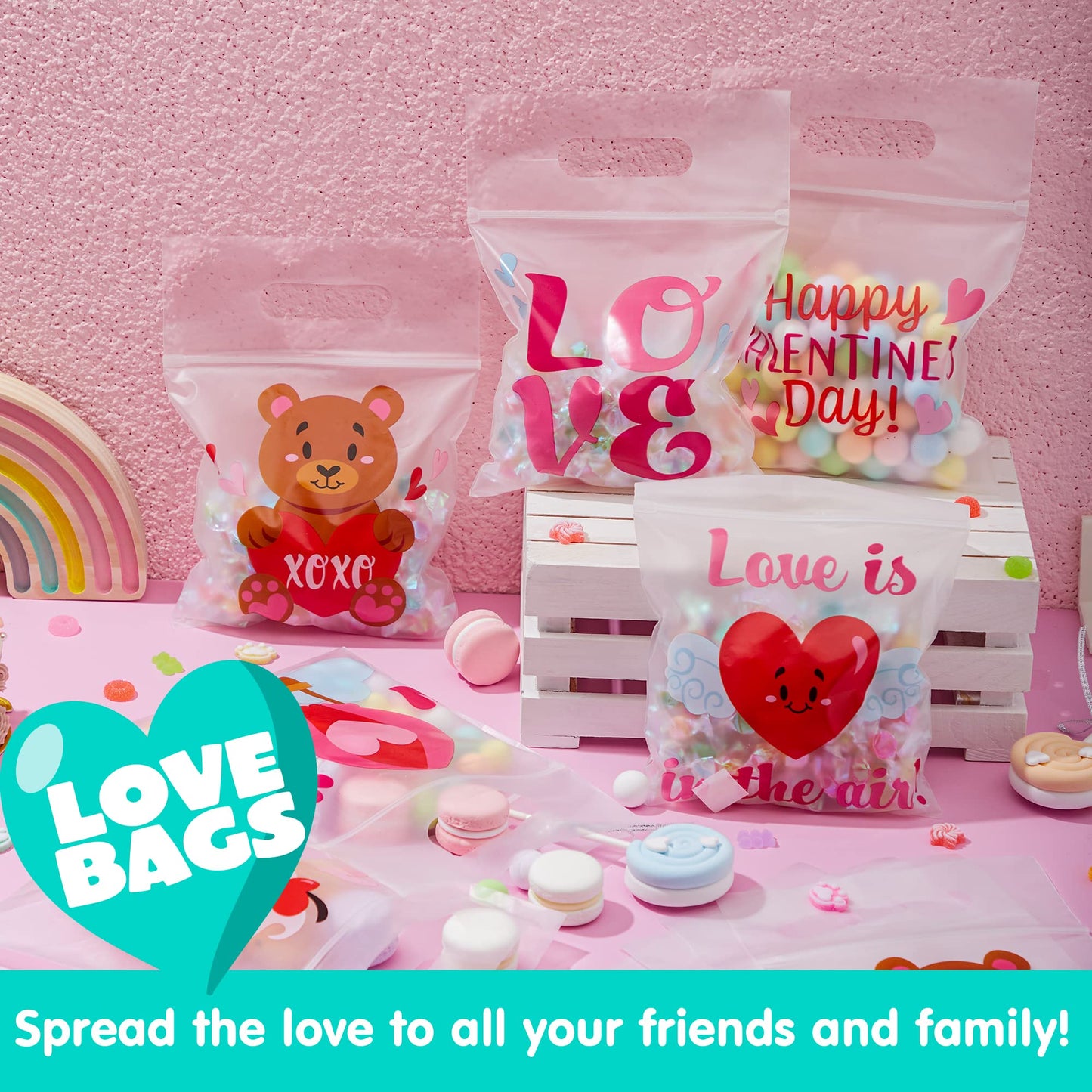 36 Pcs Valentine's Day Cellophane Gift Bag, Candy Bag with 6 Valentine’s Themed Designs for Kids Party Favor, Classroom Exchange Prizes,Valentine’s Goody Bag