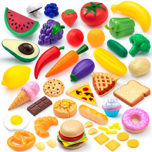 SYNCFUN 68 Pcs Cutting Play Food, Fake Food for Kids Play Kitchen with Storage Basket, Pretend Play Kitchen Toys