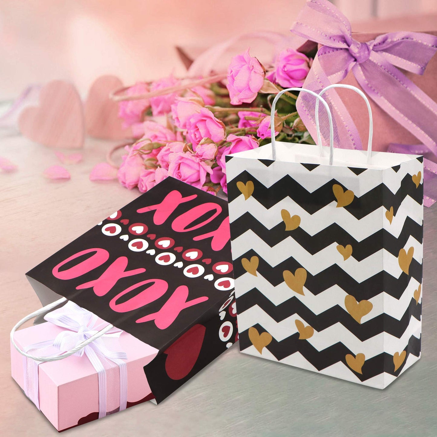 24 Pcs Valentine's Day Paper Gift Bags with Handle, Paper Wrapping Kraft Bags for Funny Gift Giving Novelty Gift Exchange Gift Wrapping Valentines Gift Bags Party Favors