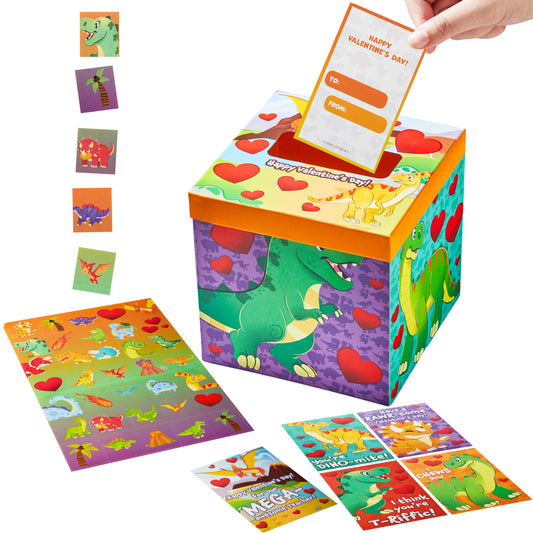 Valentines Day Cards for Kids and Mailbox (Dinosaur Theme), Valentine Mailset of boxes for Classroom Exchange Including 32 Student Valentine Cards, 1 Teacher Card, 35 Stickers & 1 Mail Box