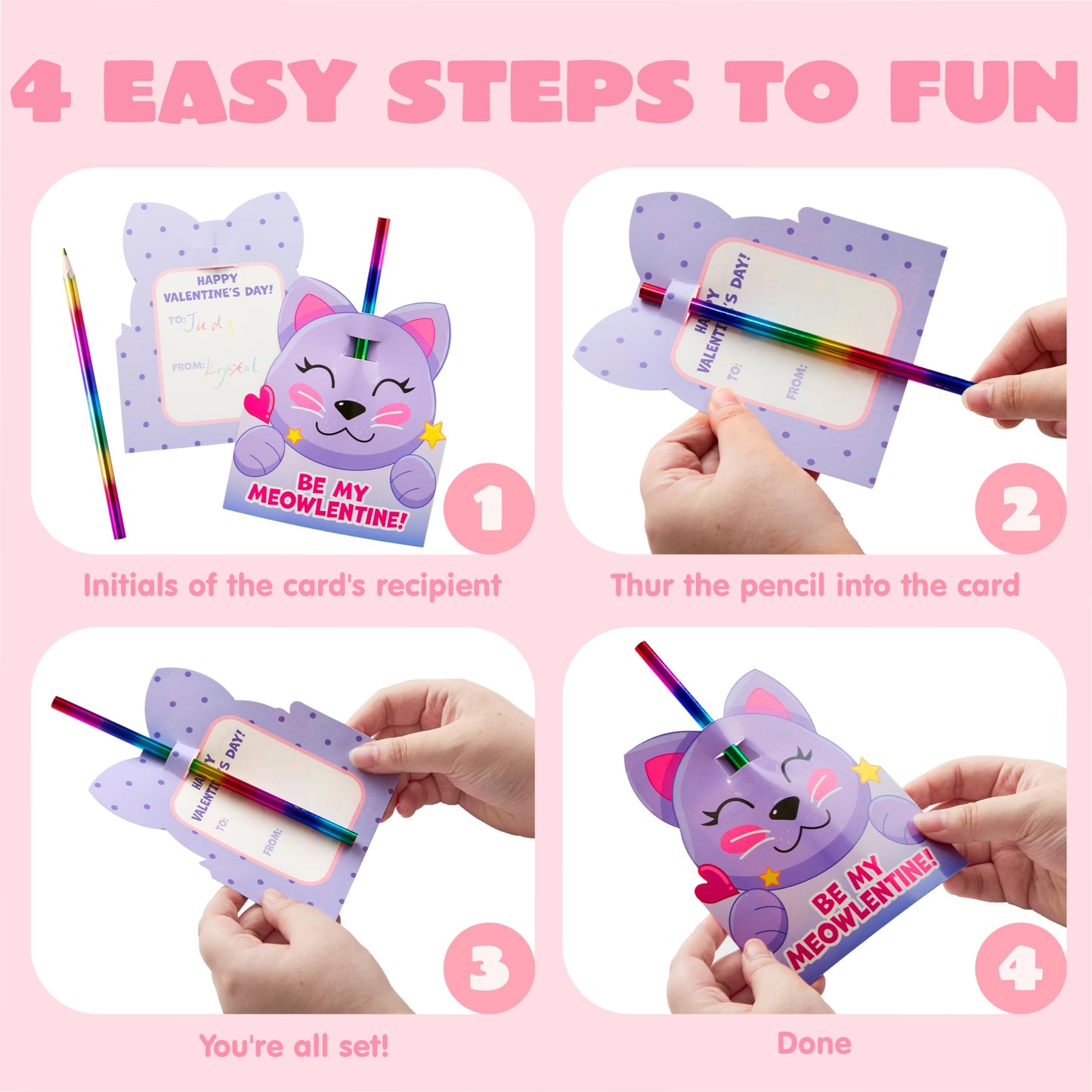 28 Packs Valentines Rainbow Pencil with Cards for Kids Party Favors, Classroom Prize Supplies, Valentines Greeting Cards including Colorful Pencils