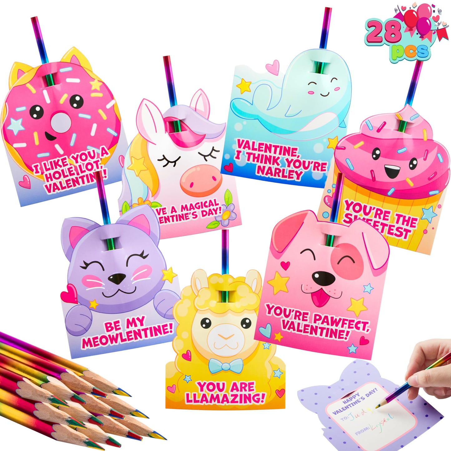 28 Packs Valentines Rainbow Pencil with Cards for Kids Party Favors, Classroom Prize Supplies, Valentines Greeting Cards including Colorful Pencils
