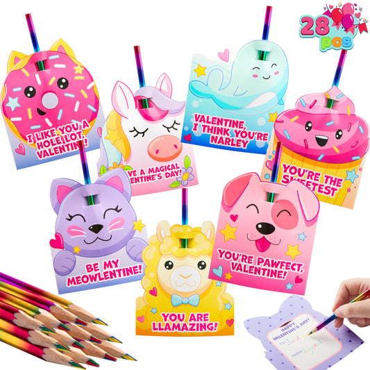 28 Packs Valentines Rainbow Pencil with Cards for Kids Party Favors, Classroom Prize Supplies, Valentines Greeting Cards including Colorful Pencils