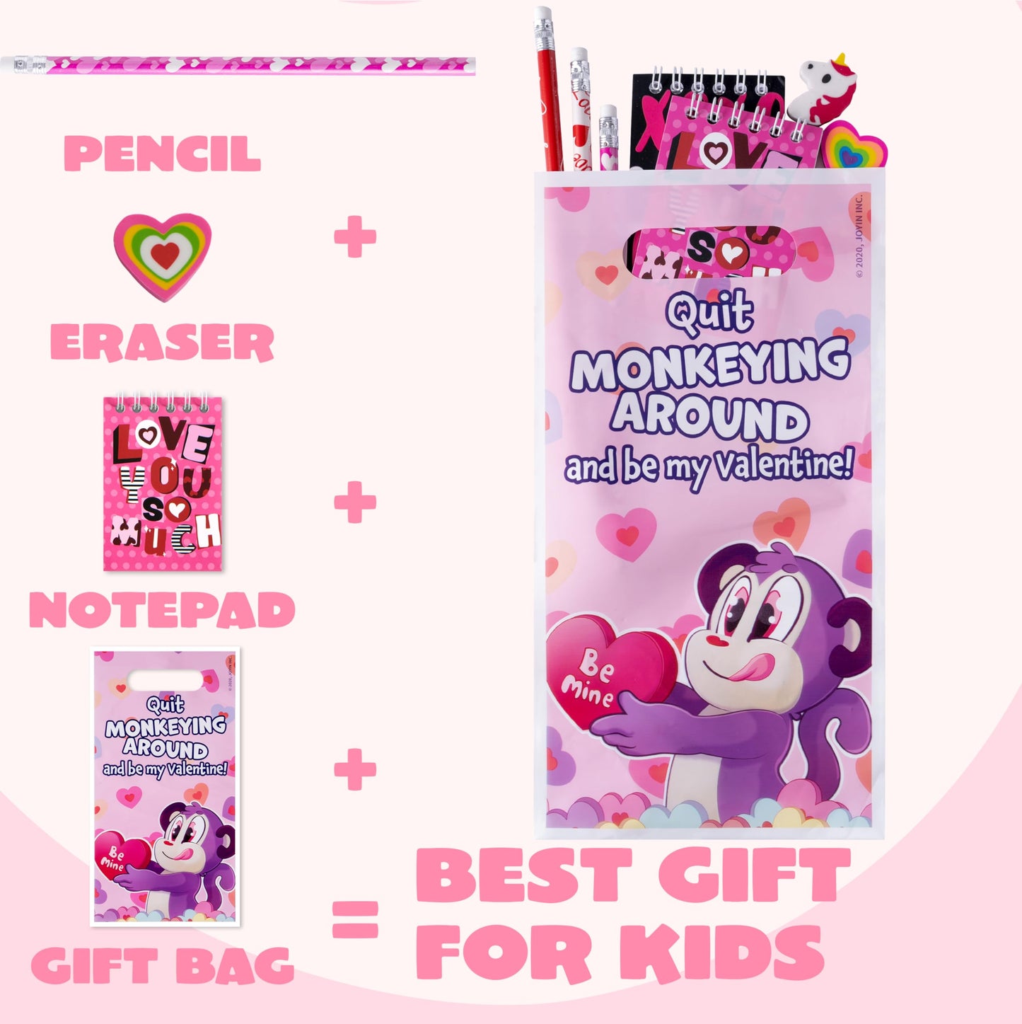 96 Valentines Day Stationery Gifts with Pencil, Erasers, Notebook & Bags for Kids Valentine’s Day School Classroom Exchange Party Favor Gift Supplies