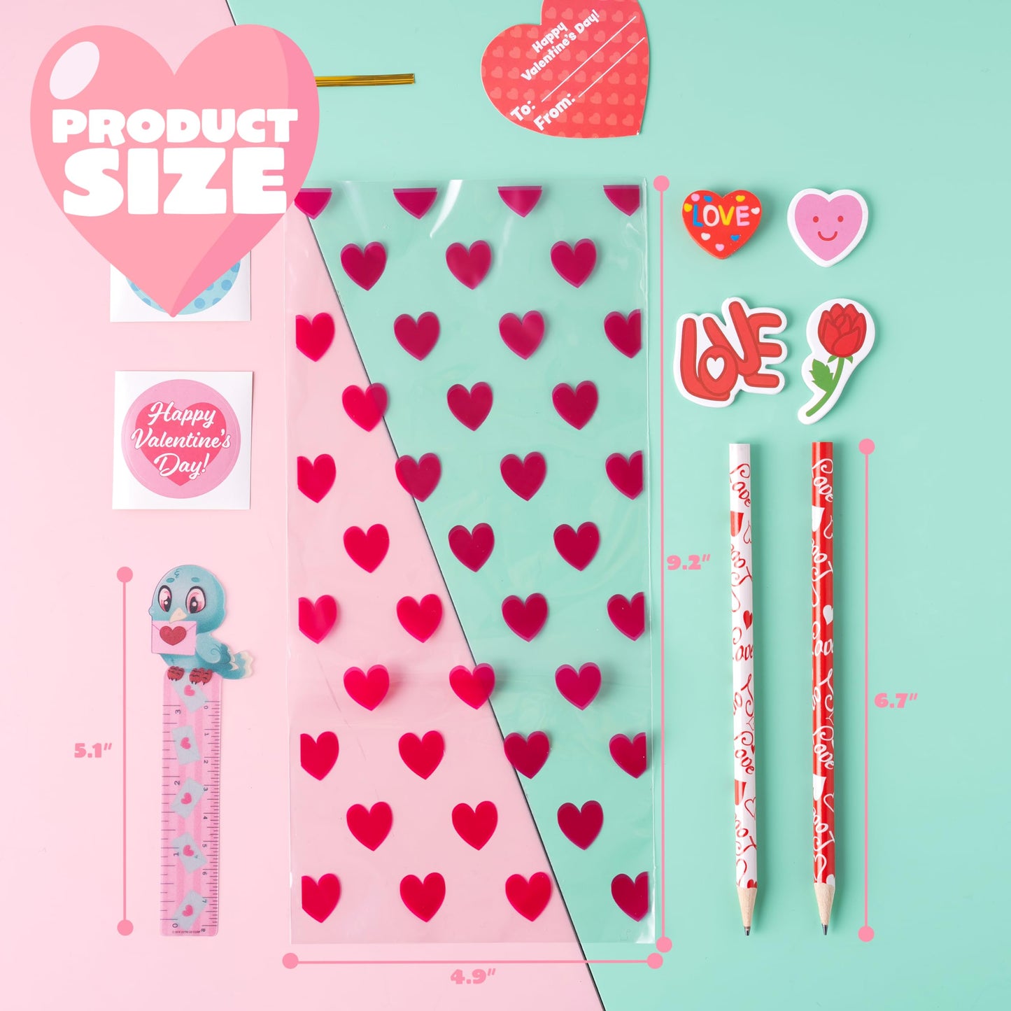 28 Pack Valentines Day Stationery Gifts for Kids Goody Bags with Stationery Gift Set for School Classmates Exchange Gift, Valentine Party Favor, Includes Pencils, Erasers, Rulers, Stickers
