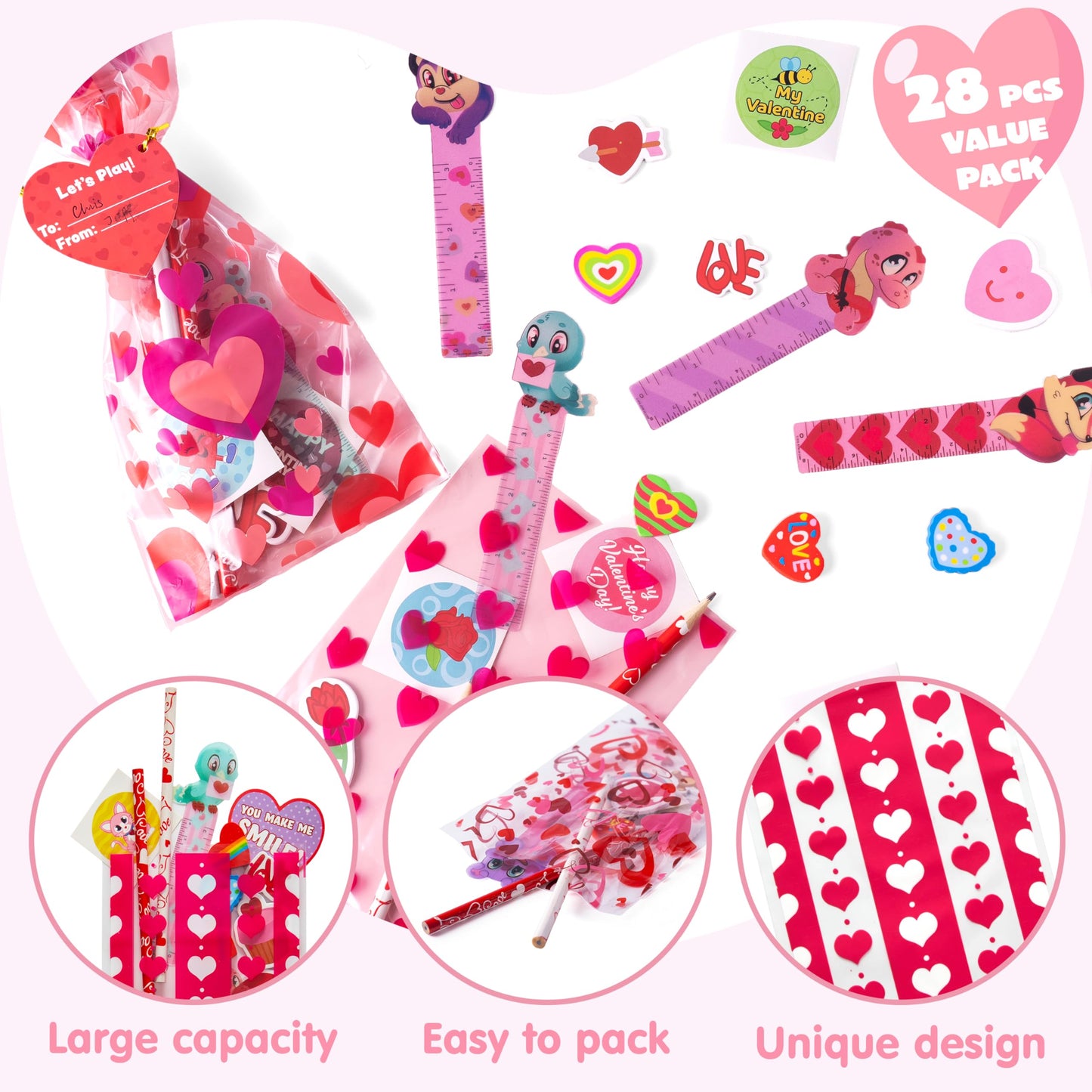 28 Pack Valentines Day Stationery Gifts for Kids Goody Bags with Stationery Gift Set for School Classmates Exchange Gift, Valentine Party Favor, Includes Pencils, Erasers, Rulers, Stickers