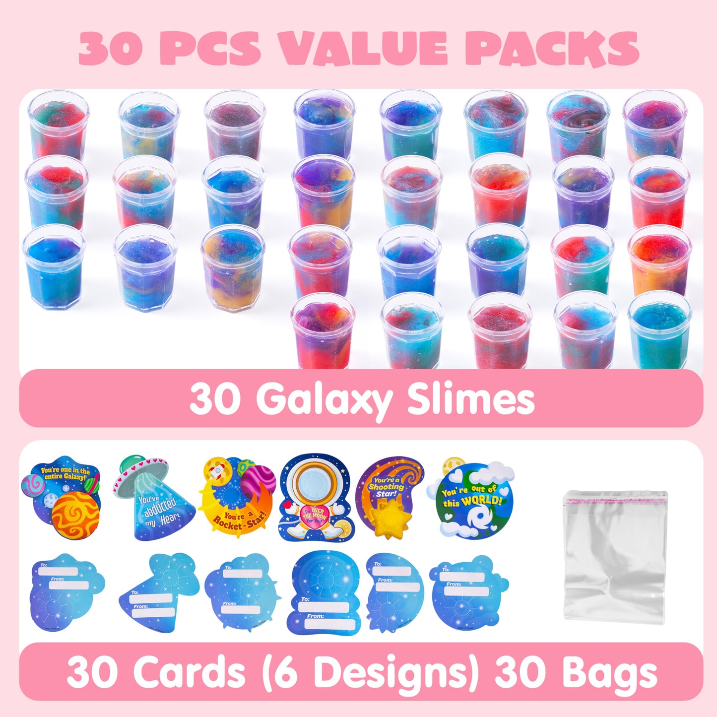 JOYFY 30Packs Valentines Galaxy Slime With Cards for Kids,Stress Relief Fidget Toy for Kids Valentines Class Exchange Cards,Valentines Party Favors