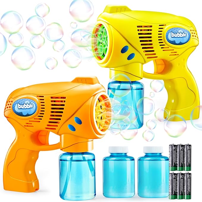 Joyfy 2 Bubble Guns with 2 Refill Solution (10 oz Total), Bubbles Maker, Blower for Kids, Toddlers, Outdoors Activity, Birthday Gift, Easter Basket Stuffers (Yellow+Orange)