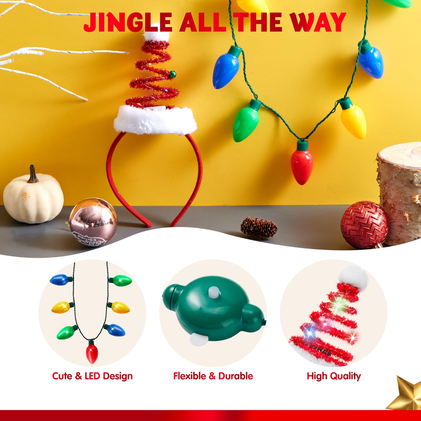 Joyfy 2 Pcs Christmas Lighted Necklace and Santa Hat Headband, Christmas LED Necklace with 9 Bulbs and Xmas Headwear for Christmas and Holiday Parties Xmas Costume Accessories