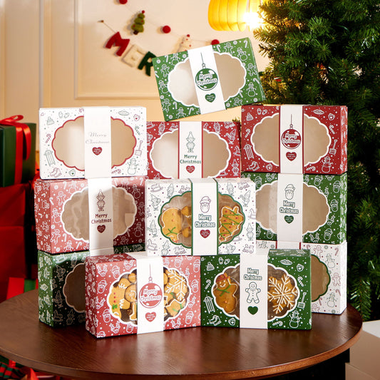 Joyfy 12 Pcs Christmas Cookie Boxes for Gift Giving, Xmas Holiday Bakery Treat Boxes with Window, 4 Design Cookie Containers Box for Baked Goods, Cupcake, Pastry, Candy