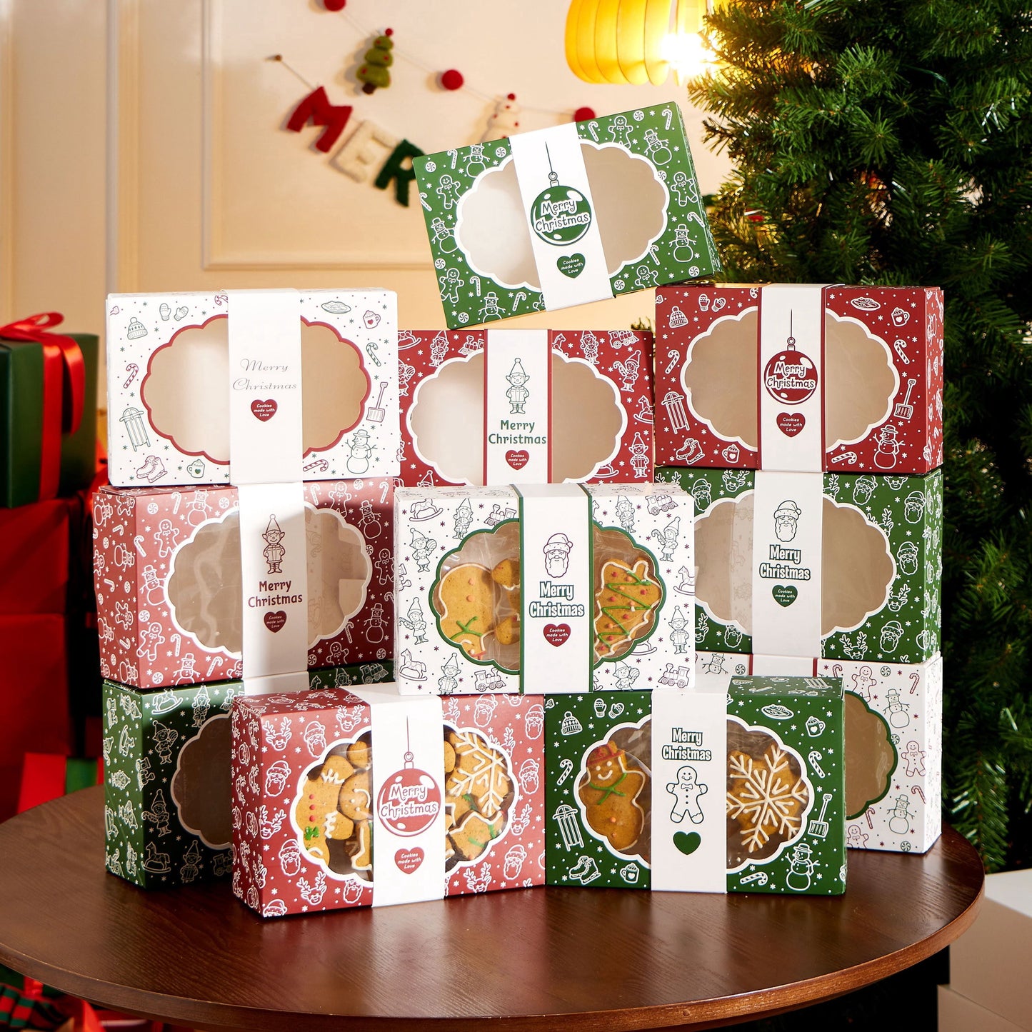 Joyfy 12 Pcs Christmas Cookie Boxes for Gift Giving, Xmas Holiday Bakery Treat Boxes with Window, 4 Design Cookie Containers Box for Baked Goods, Cupcake, Pastry, Candy