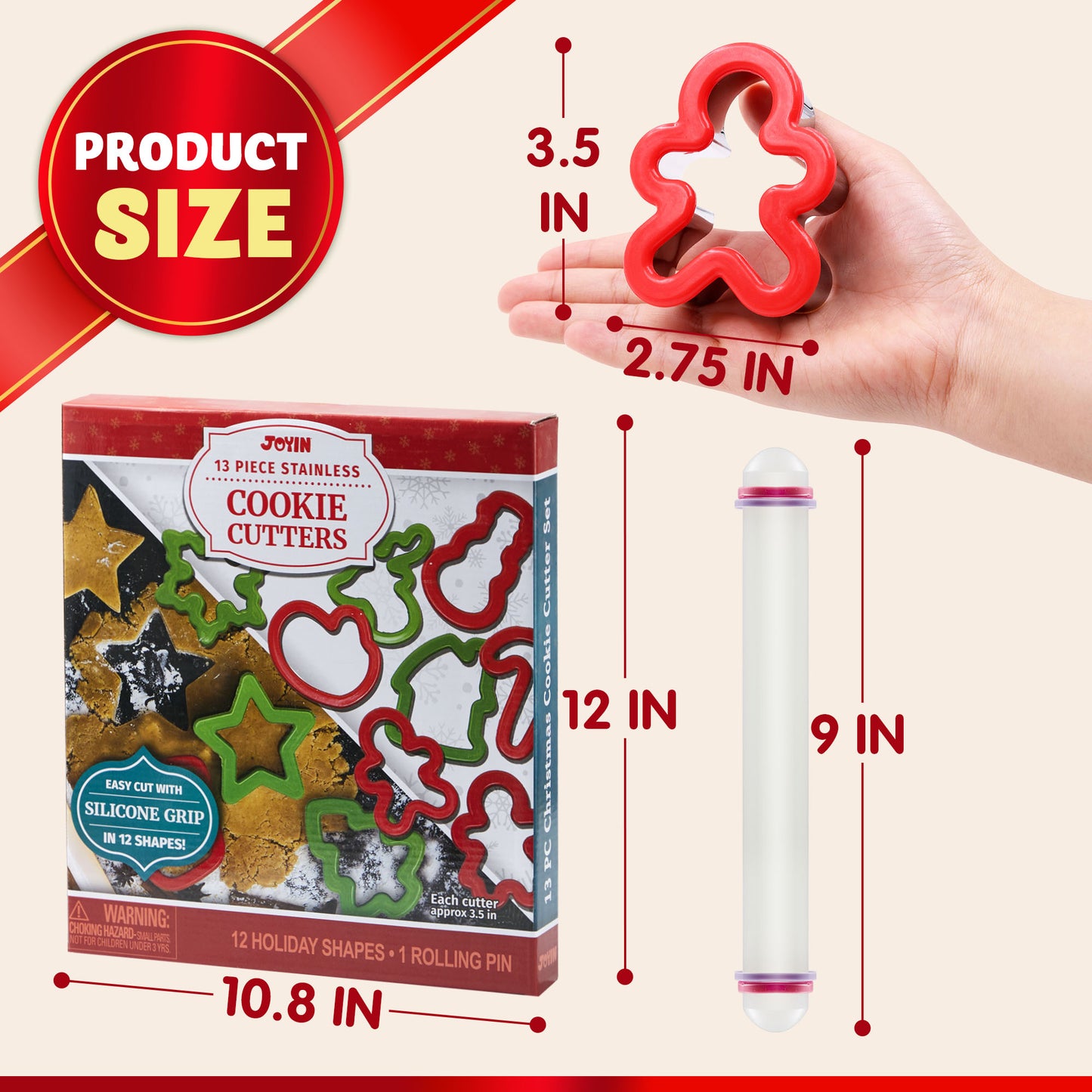 Joyfy 13 Pcs 3.5" Christmas Cookie Cutters with Rolling Pin for Christmas Party Cookies Baking