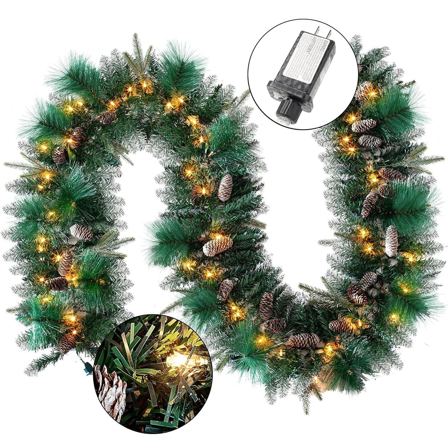 Joyfy 9FT Christmas Garland (Cone) Prelit with 50 Count Warm White String Lights, Pine Cones, Holly Berries for Home Dining Table Mantel Porch Winter Christmas Decor, Plug in Lighted Pine Garland