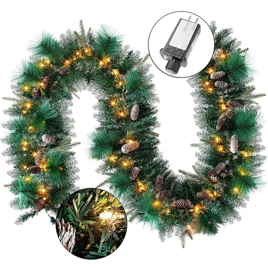 Joyfy 9FT Christmas Garland (Cone) Prelit with 50 Count Warm White String Lights, Pine Cones, Holly Berries for Home Dining Table Mantel Porch Winter Christmas Decor, Plug in Lighted Pine Garland
