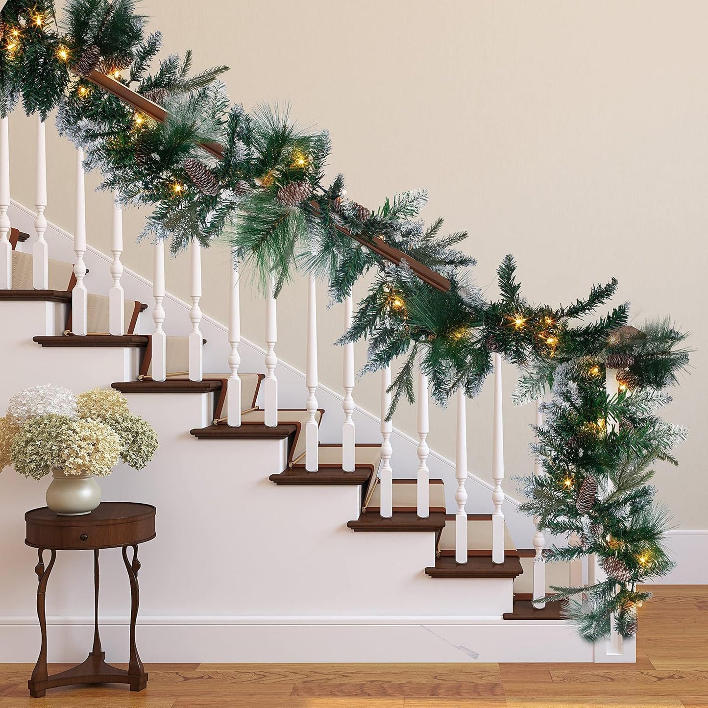 Joyfy 9FT Christmas Garland (Cone) Prelit with 50 Count Warm White String Lights, Pine Cones, Holly Berries for Home Dining Table Mantel Porch Winter Christmas Decor, Plug in Lighted Pine Garland