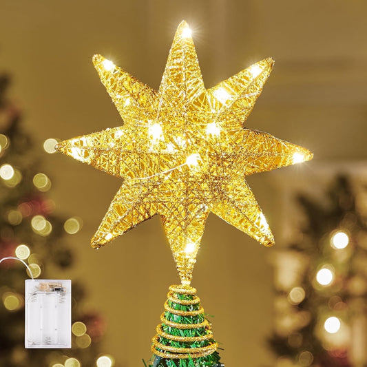 Joyfy 10¡° Christmas Tree Topper, Gold Glitter 8-Point Star with Lights, for Xmas New Year Light Up Tree Topper Christmas Tree Decorations