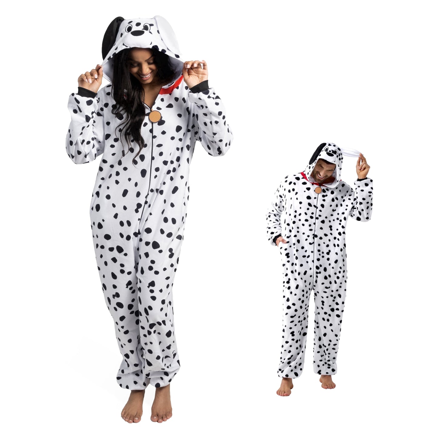 Joyfy Adults Unisex Dalmatian Pajama Costume, Plush Hooded Jumpsuit with Tail for Halloween Party and Role Play
