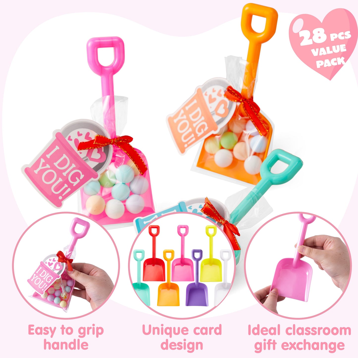 28 PCS Plastic Toy Shovels with I DIG YOU Cards, 28 Candy Bags with Ribbon for Valentine's Party Favors Supplies, Valentine's Toys, Classroom Exchange Prizes Valentine’s Gifts