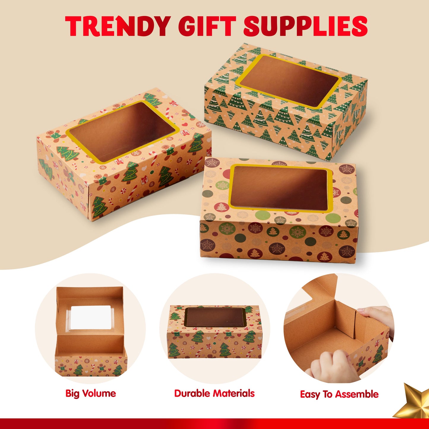 Joyfy 24 Pcs Christmas Foil Cookie Boxes with Window 8.75" x 5.75" x 2.75”Bakery Treat Gift Box for Pastries, Cupcakes, Cookies, Brownies, Donuts Gift Giving