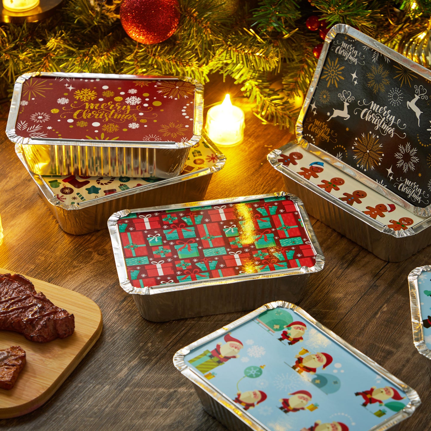 SYNCFUN 40 Pcs Christmas Foil Containers with Lid, Aluminum Foil Pans with Lids, 7"x5"x2" Disposable Foil Pans with Covers, Food Containers Great for Baking, Cooking, Heating, Storing, Prepping Food