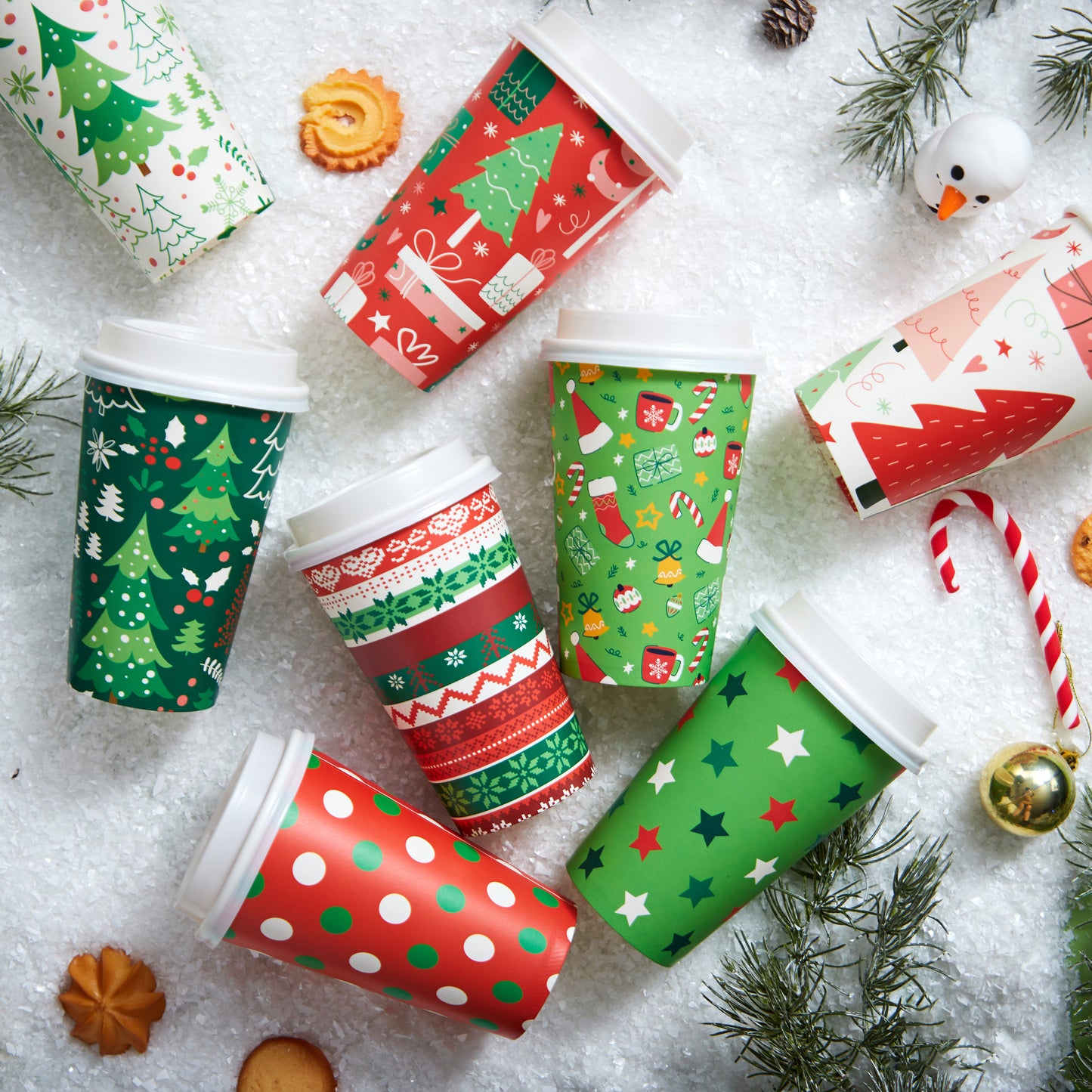 Joyfy 24 Pcs Christmas Disposable Paper Cups, 16 oz Xmas Dinnerware Cups With Cup Sleeves and Lids, 8 Designs Hot/Cold Beverages Tableware for Holiday Party Supplies