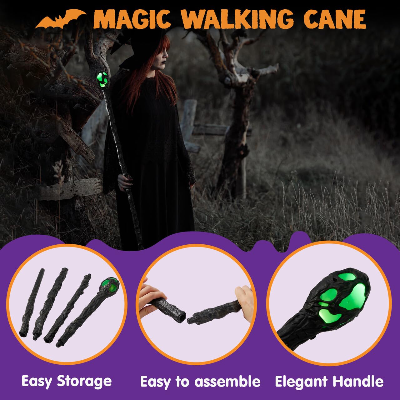 SYNCFUN Halloween Led Wizard Staff,Magic Walking Cane Prop Stick for Womens Witch Costume Accessories Adult Light Up Accessories Halloween Costume