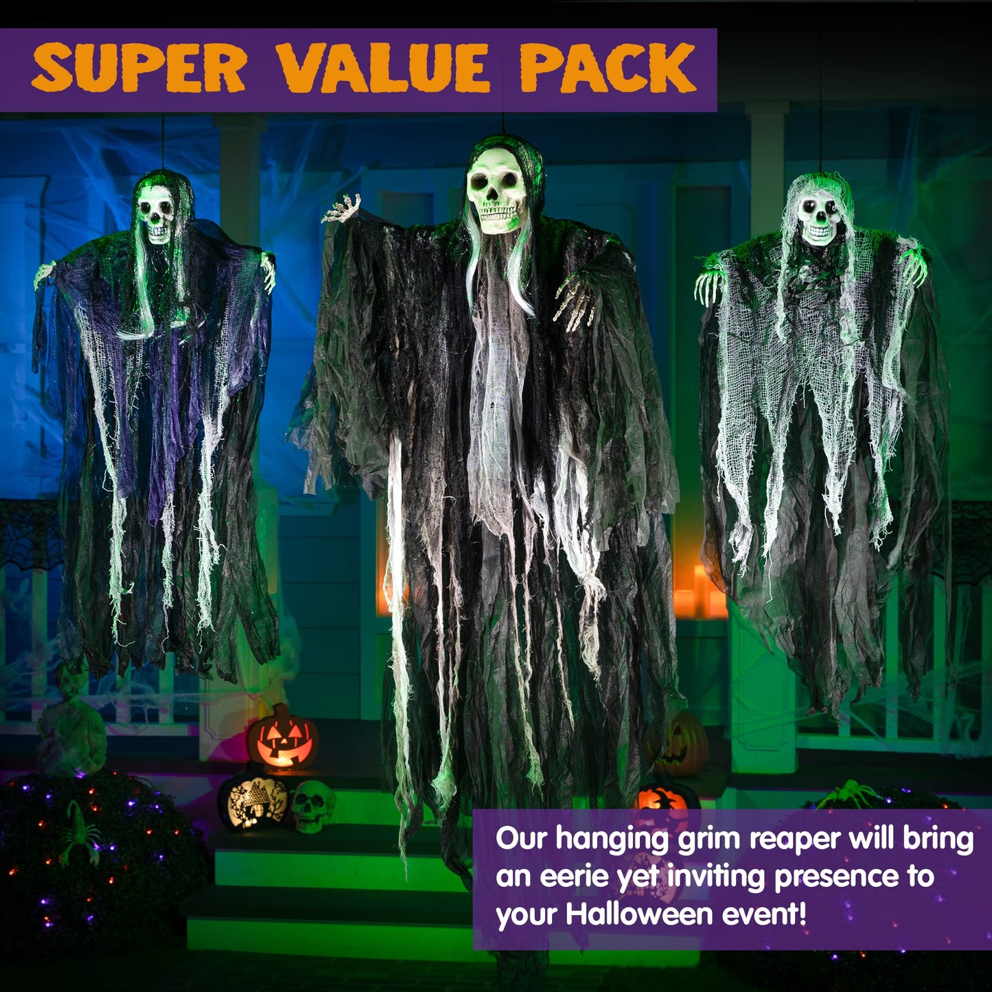 Joyfy 3 Pack Halloween Hanging Ghosts,Scary Skeleton Ghosts Grim Reapers Decorations for Halloween Indoor Outdoor Yard Home Decorations