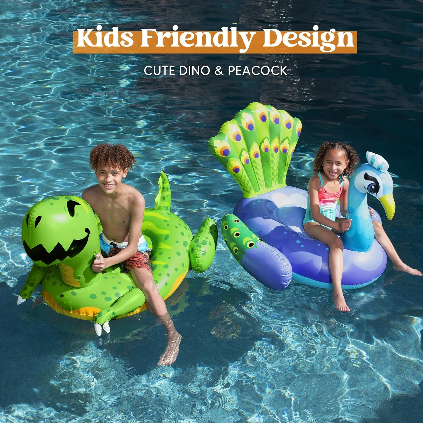 Syncfun 2 Packs Inflatable Dinosaur & Peacock Pool Floats Set, Fun Beach Floaties for Swim Party Toys, Inflatable Island, Summer Pool Raft Lounge Ride On for Adults Kids